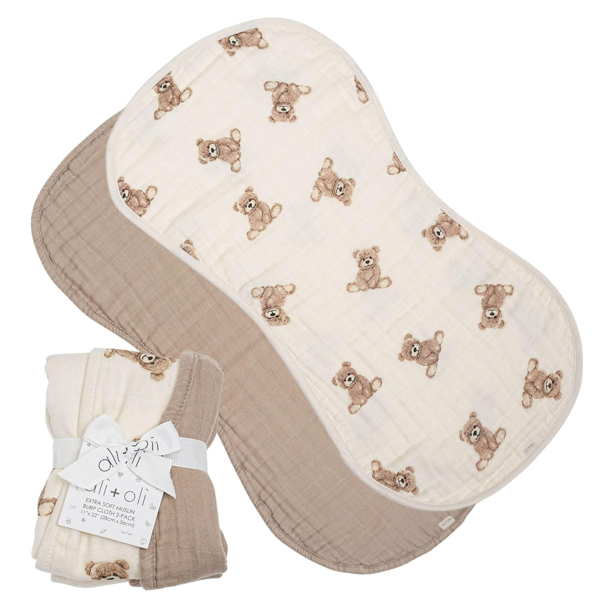 Ali+Oli teddy-taupe muslin burp cloths provide soft, high-absorbency protection.
