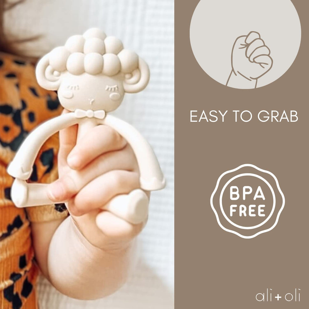 Ali+Oli sheep teether pacifier-clip friendly for on-the-go use.