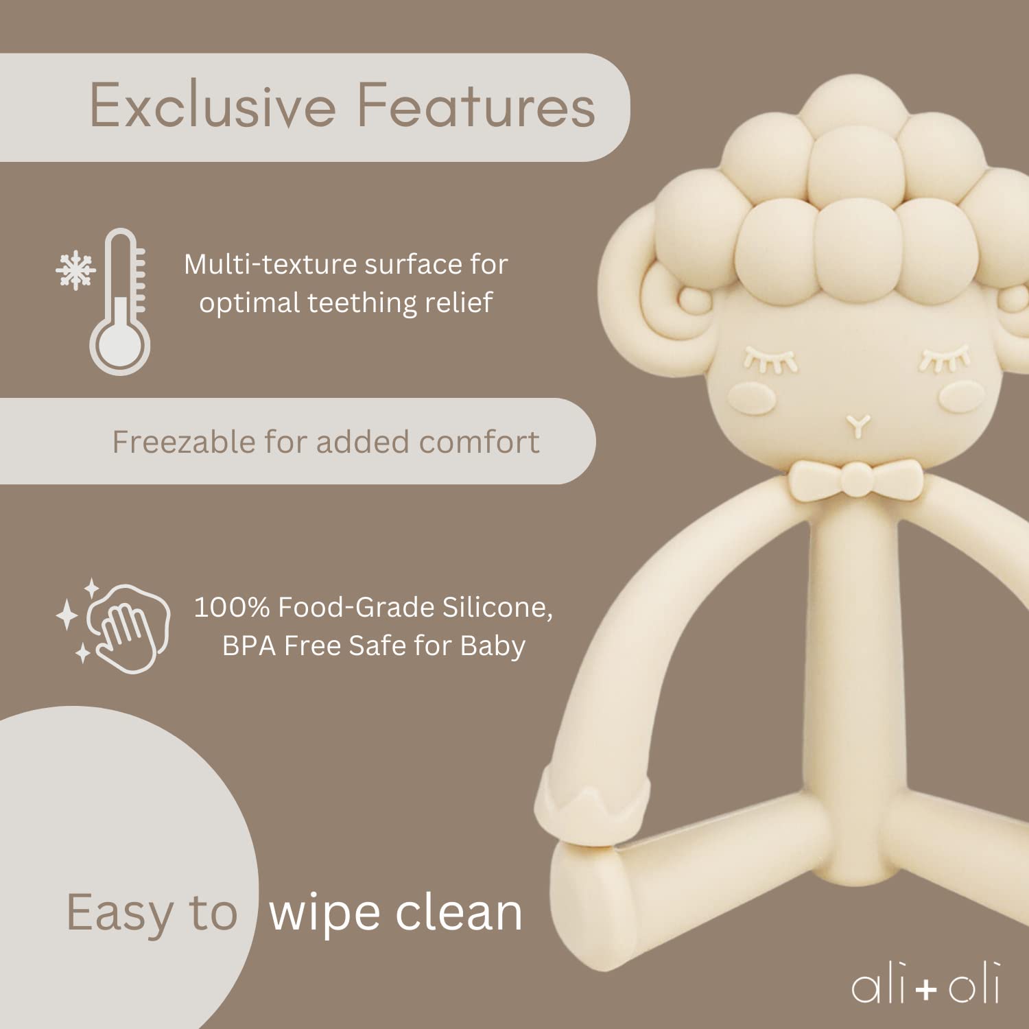 Ali+Oli sheep teether made from BPA-free silicone for safe chewing.