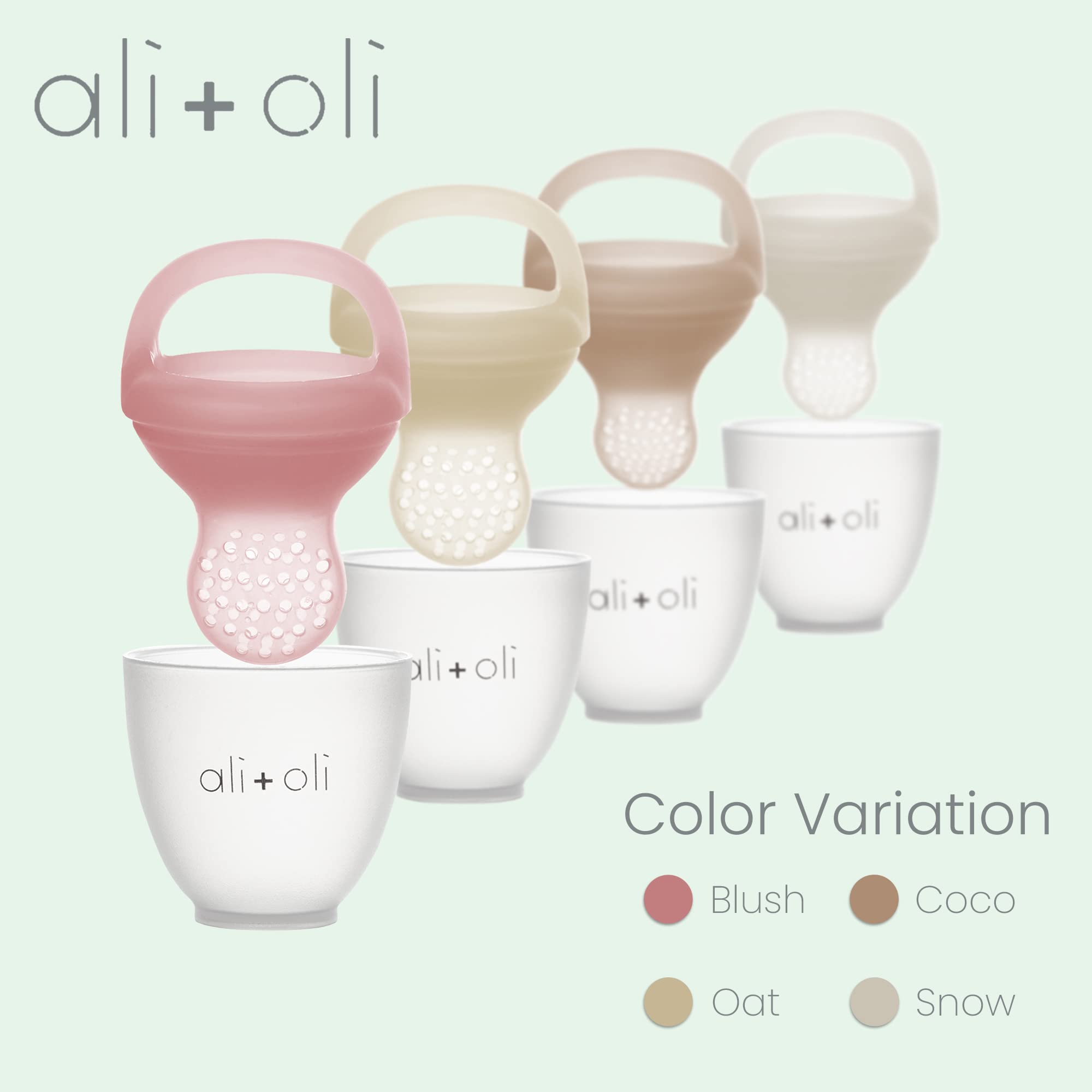 Ali+Oli BPA-free silicone feeder highlighting gentle texture for teething.