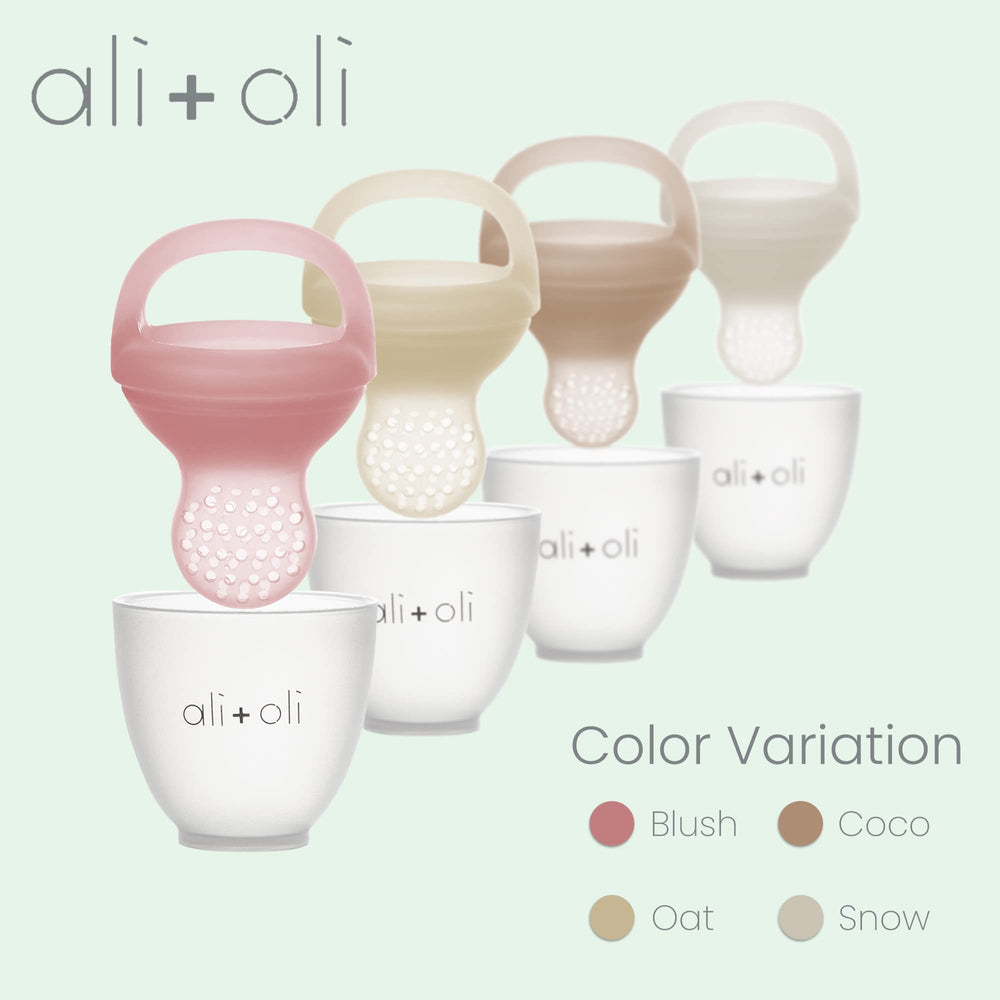 Ali+Oli BPA-free silicone feeder highlighting gentle texture for teething.