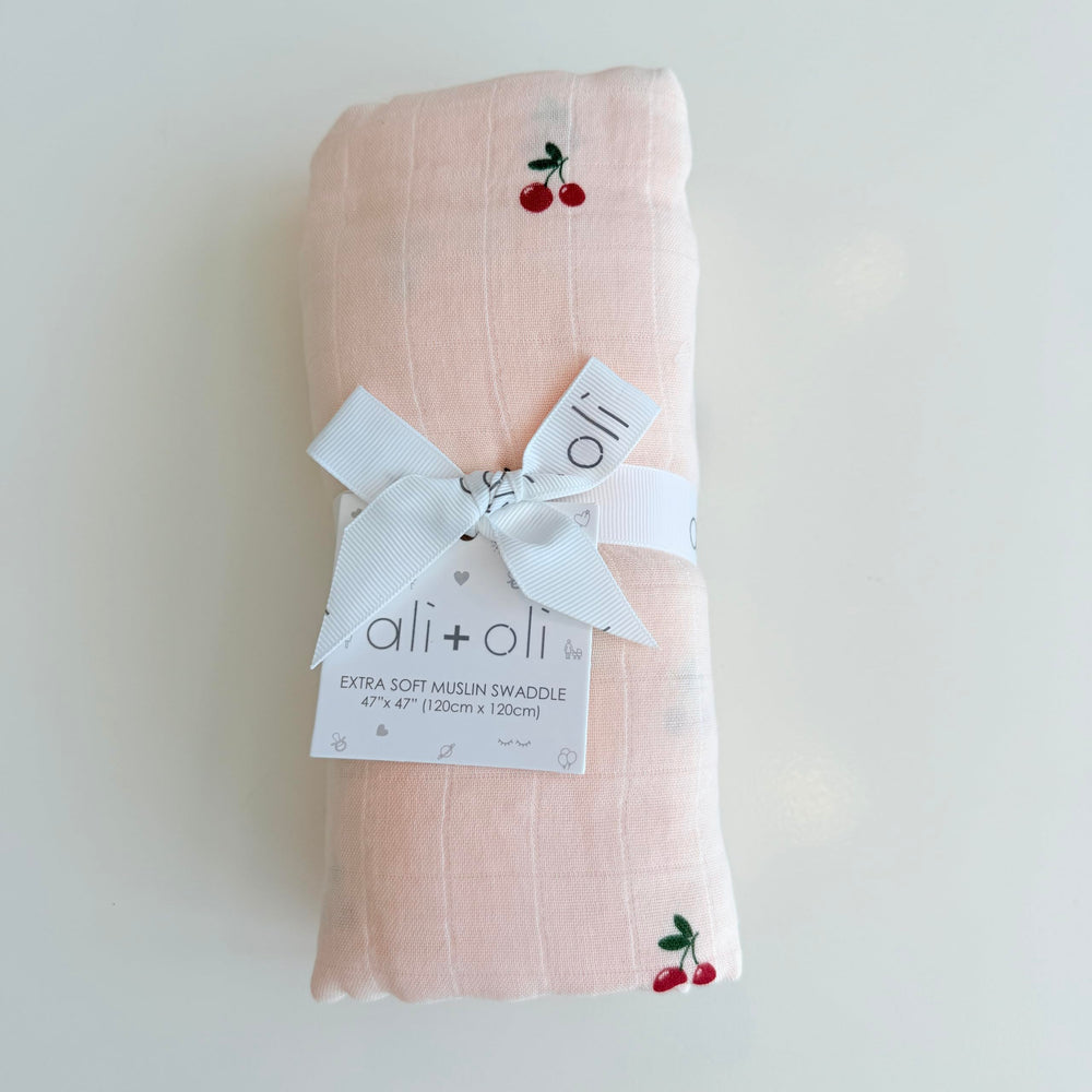 Ali+Oli cherry swaddle makes a thoughtful baby shower gift.