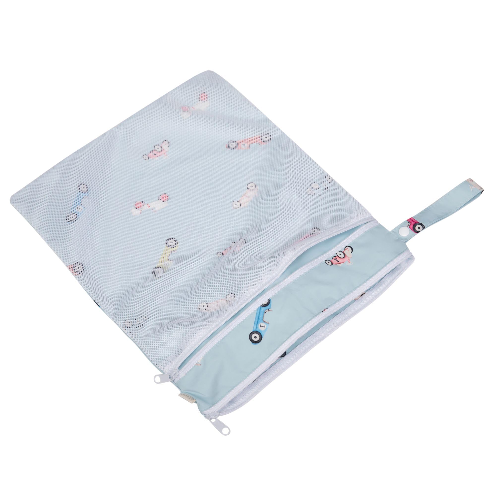 Ali+Oli dual-compartment bag with zippered dividers for wet and dry items.
