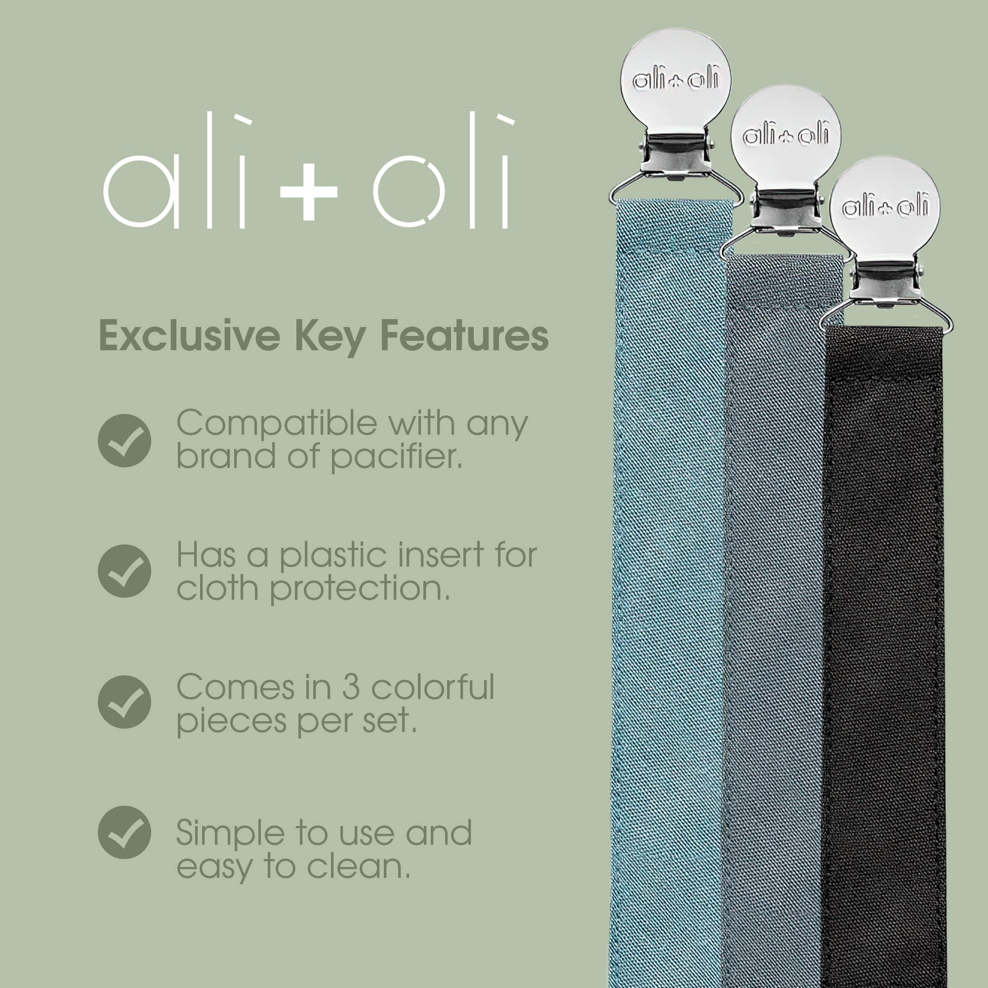 Ali+Oli Sky clip attached to clothing demonstrates universal compatibility