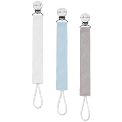 Ali+Oli Sky linen strap pacifier clip three-pack front view for easy pacifier access