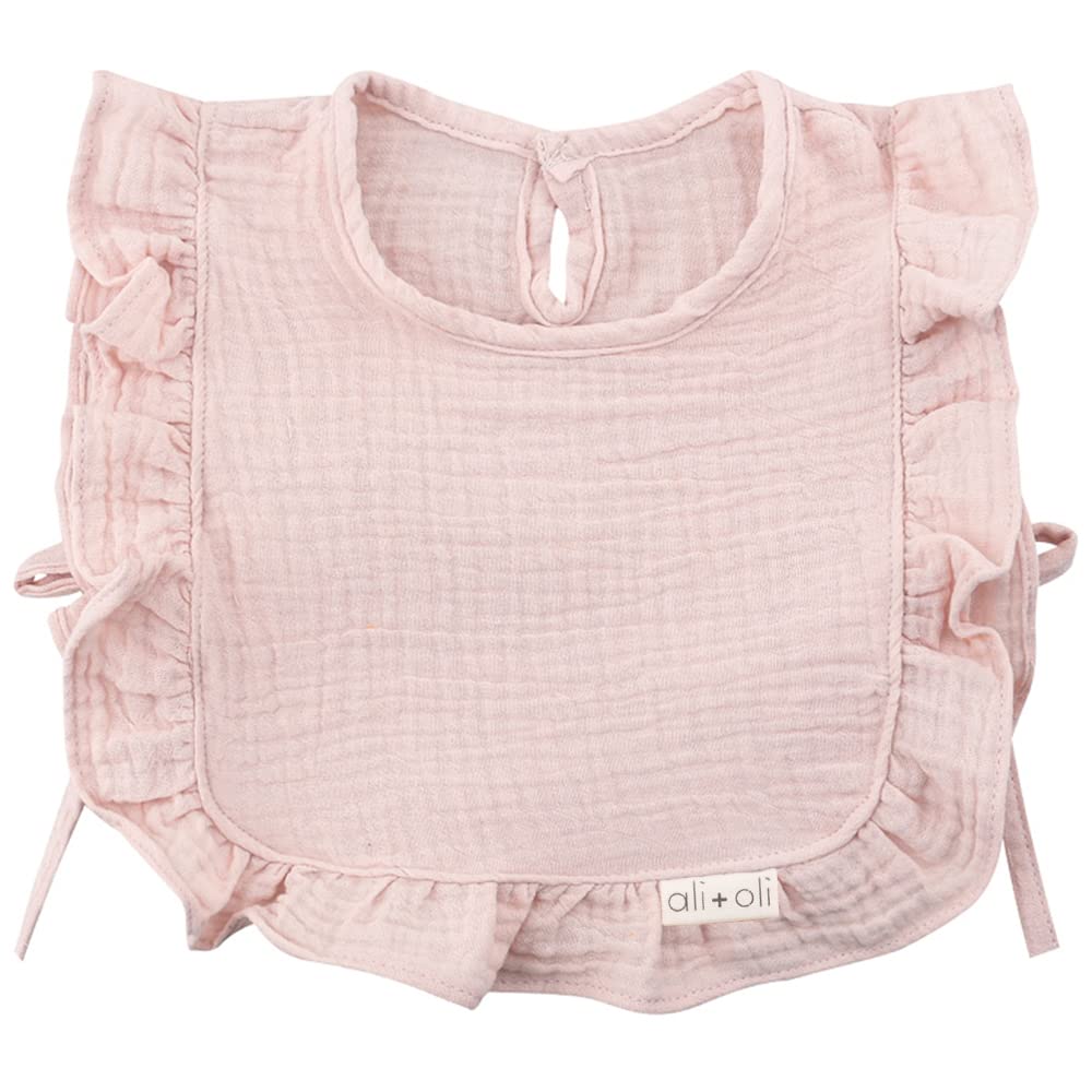 Ali+Oli Muslin Baby Bib with Ruffle Edge highlights breathable material and adorable styling.
