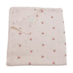 Ali+Oli Muslin Swaddle Cherry blanket offers breathable bamboo blend for delicate skin.