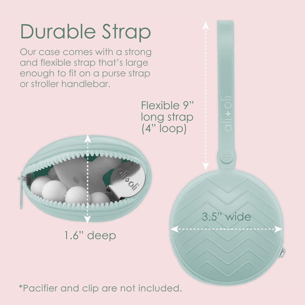 Ali+Oli pacifier holder case close-up showing flexible silicone and durable build