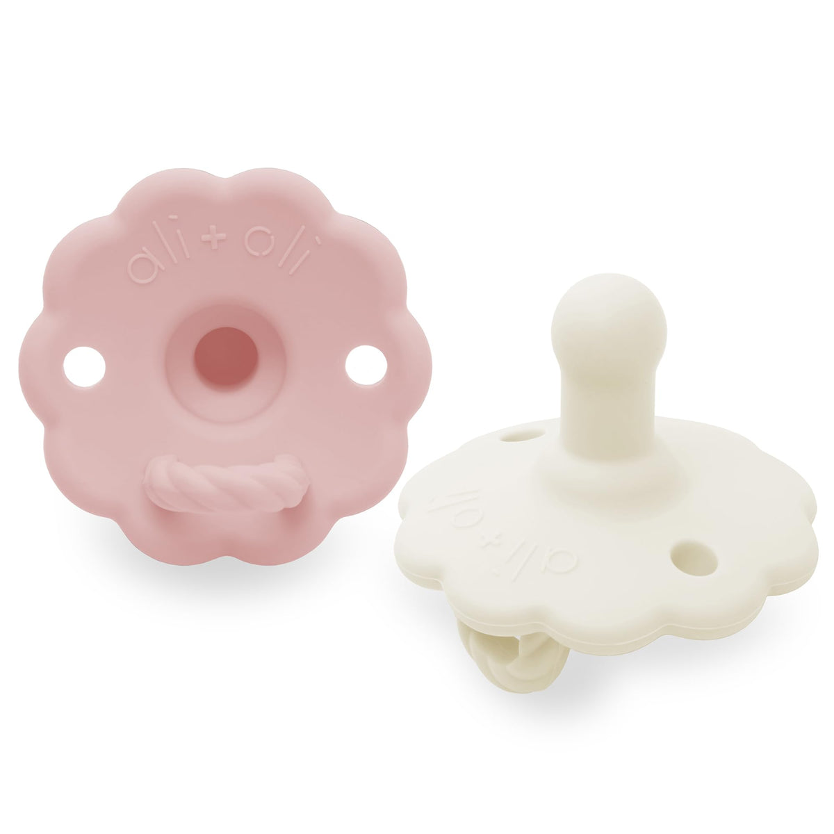Ali+Oli two-pack pacifier with daisy flower design in pink and white.