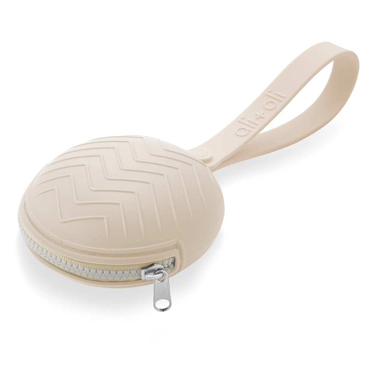 Ali+Oli silicone pacifier case natural front view shows compact storage for two pacifiers.