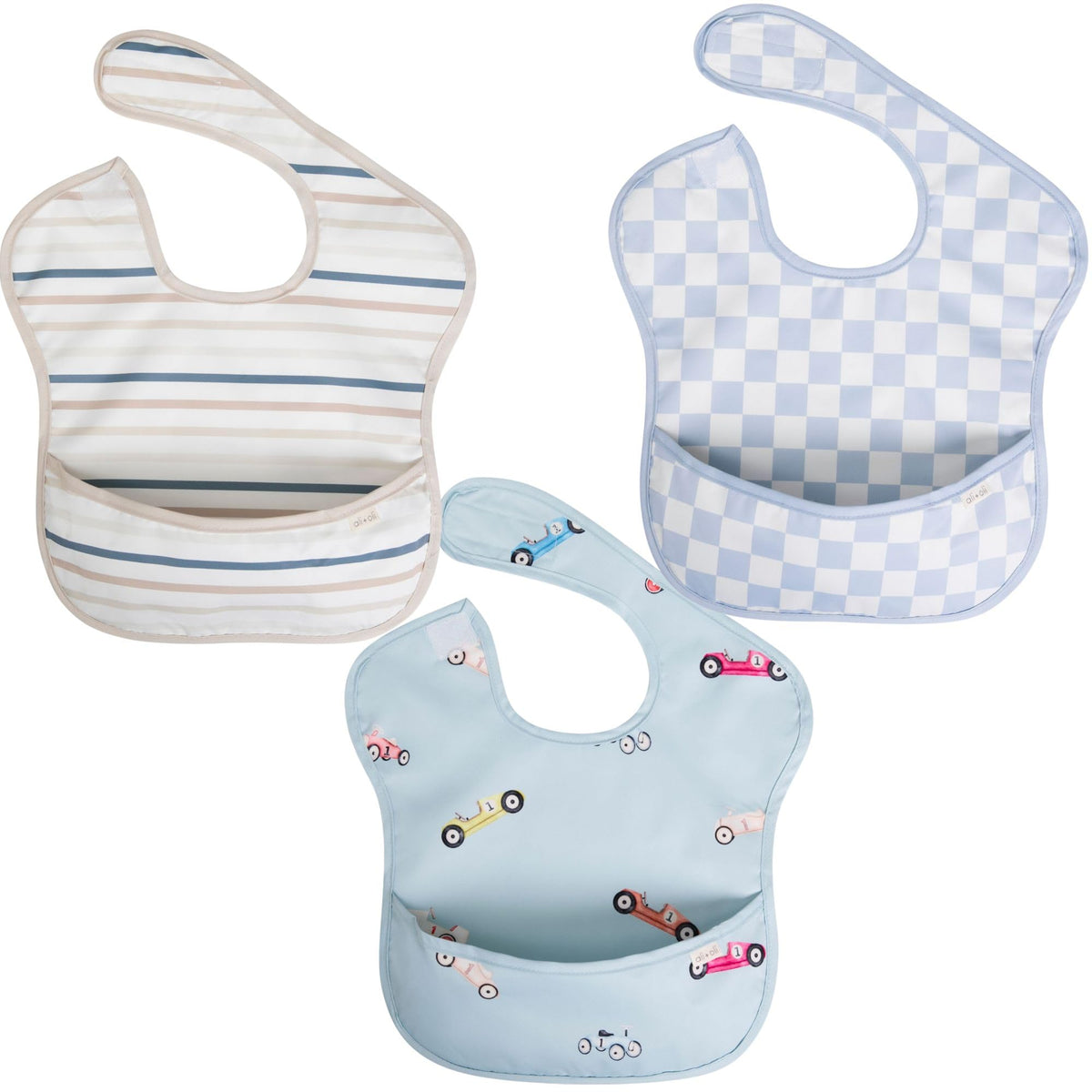 Ali+Oli Smock Bib 3pc boys set, waterproof and easy to clean during meals.