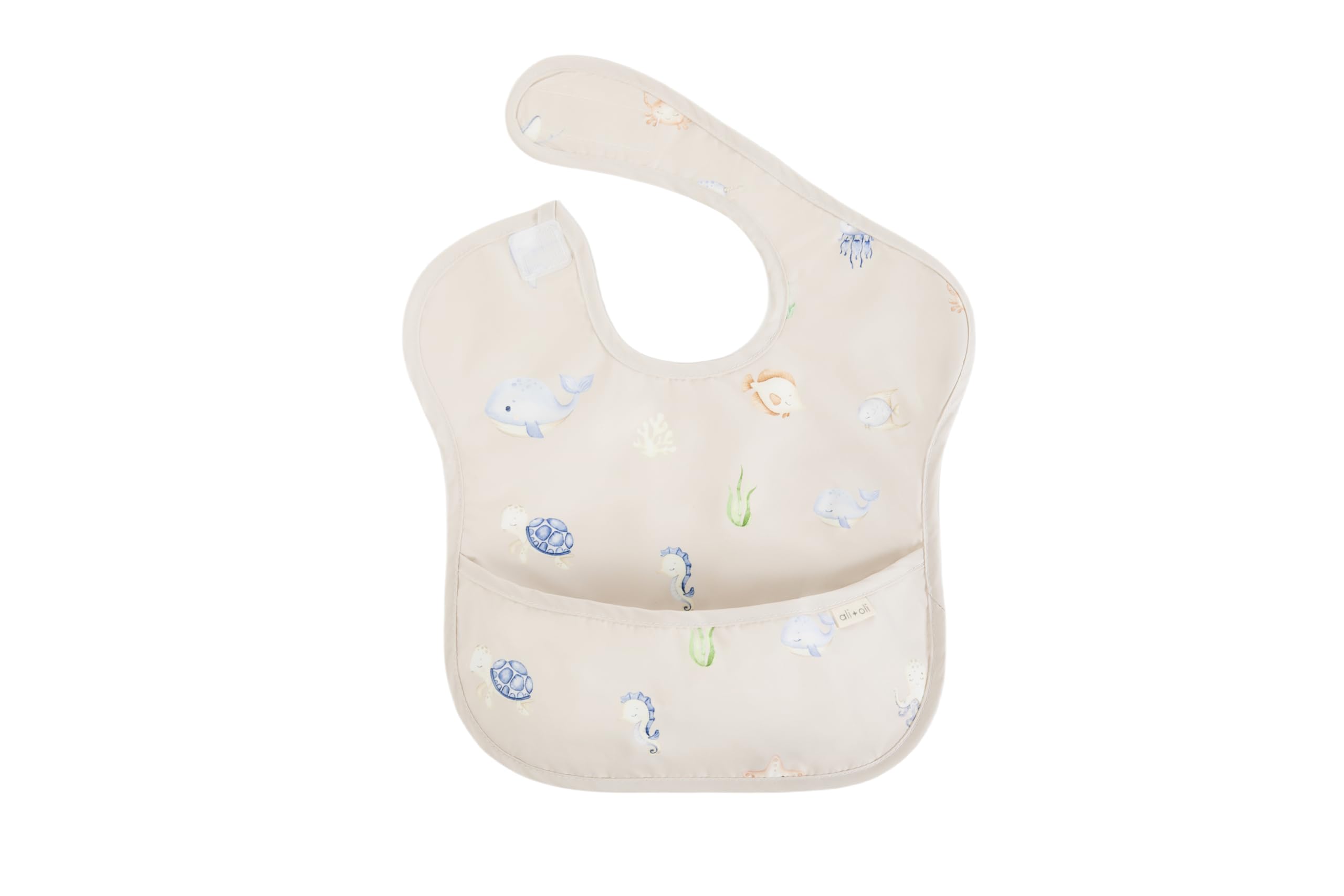 Ali+Oli Smock Bib, sleeveless design fits toddlers during feeding.