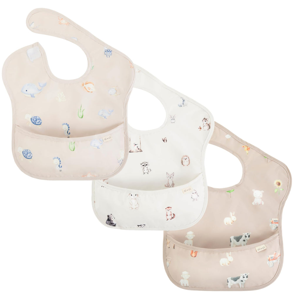 Ali+Oli Smock Bib, soft neckline, gentle on baby's skin.