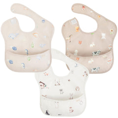 Ali+Oli Smock Bib animals, waterproof front view, protects outfits during meals.