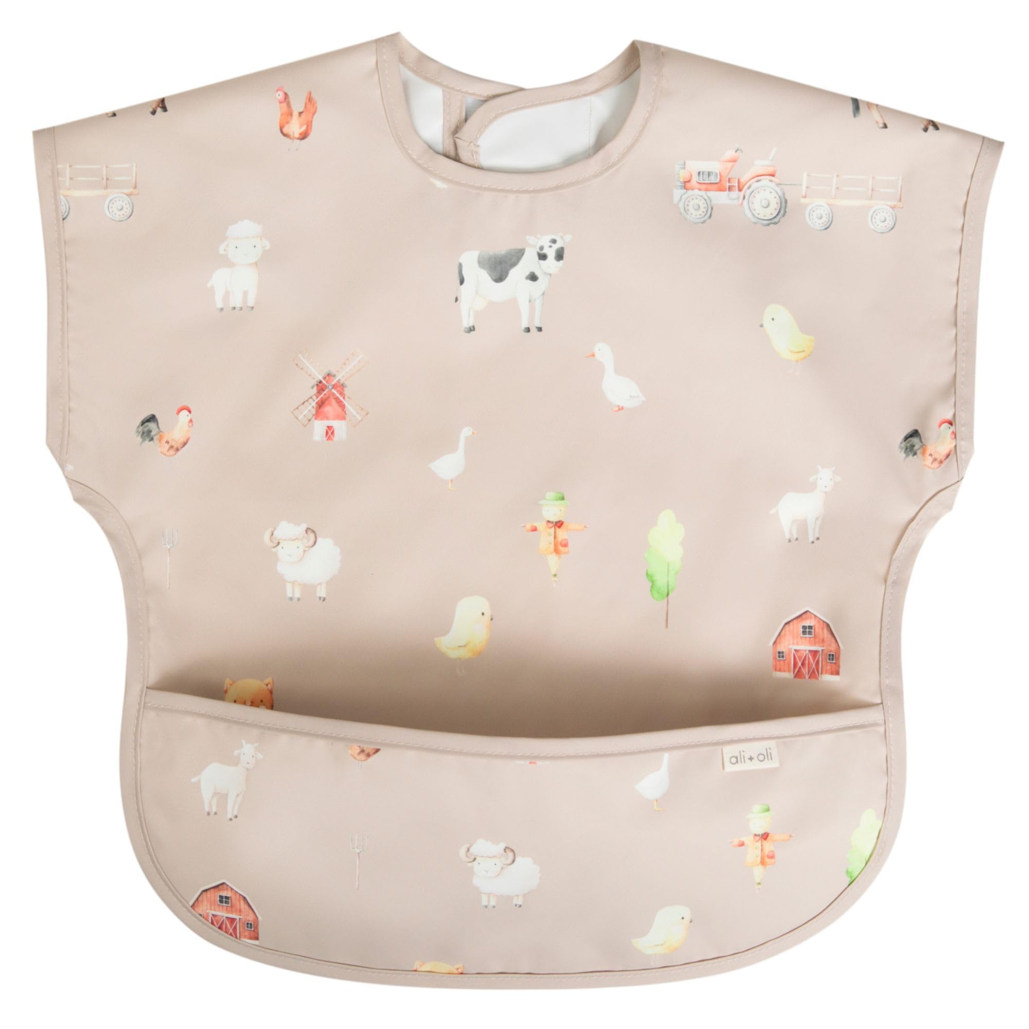 Ali+Oli Smock Bib front view with farm print for mess-free meals