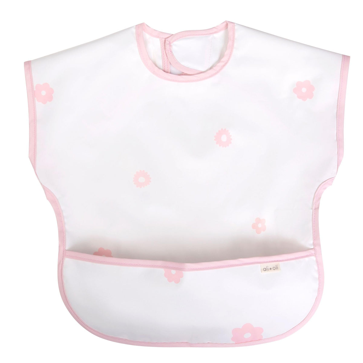 Ali+Oli baby smock bib with short sleeves in pink flowers protects outfits during meals