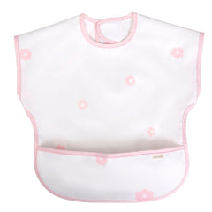 Ali+Oli baby smock bib with short sleeves in pink flowers protects outfits during meals