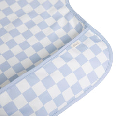 Ali+Oli blue checkers smock bib back view showing sleeve coverage.