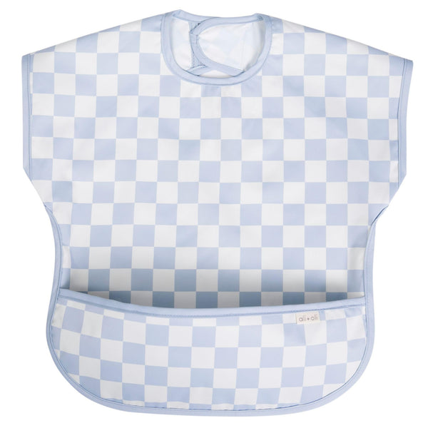 Ali+Oli Smock Bib blue checkers close-up showing waterproof coating for mess-free meals