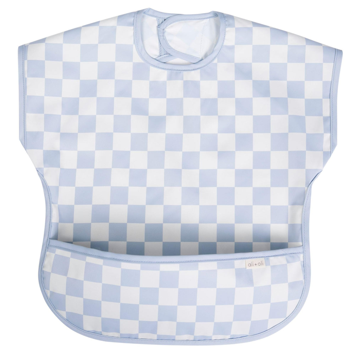 Ali+Oli Smock Bib blue checkers close-up showing waterproof coating for mess-free meals