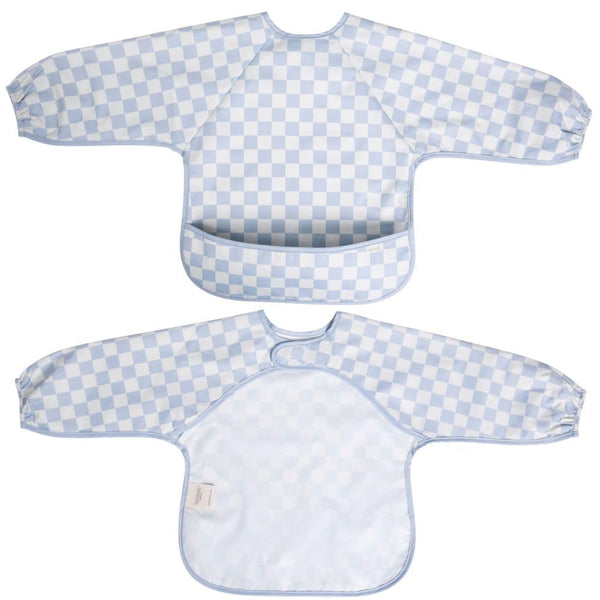 Ali+Oli blue checkers smock bib front view for mess-free mealtimes.