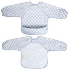 Ali+Oli blue checkers smock bib front view for mess-free mealtimes.