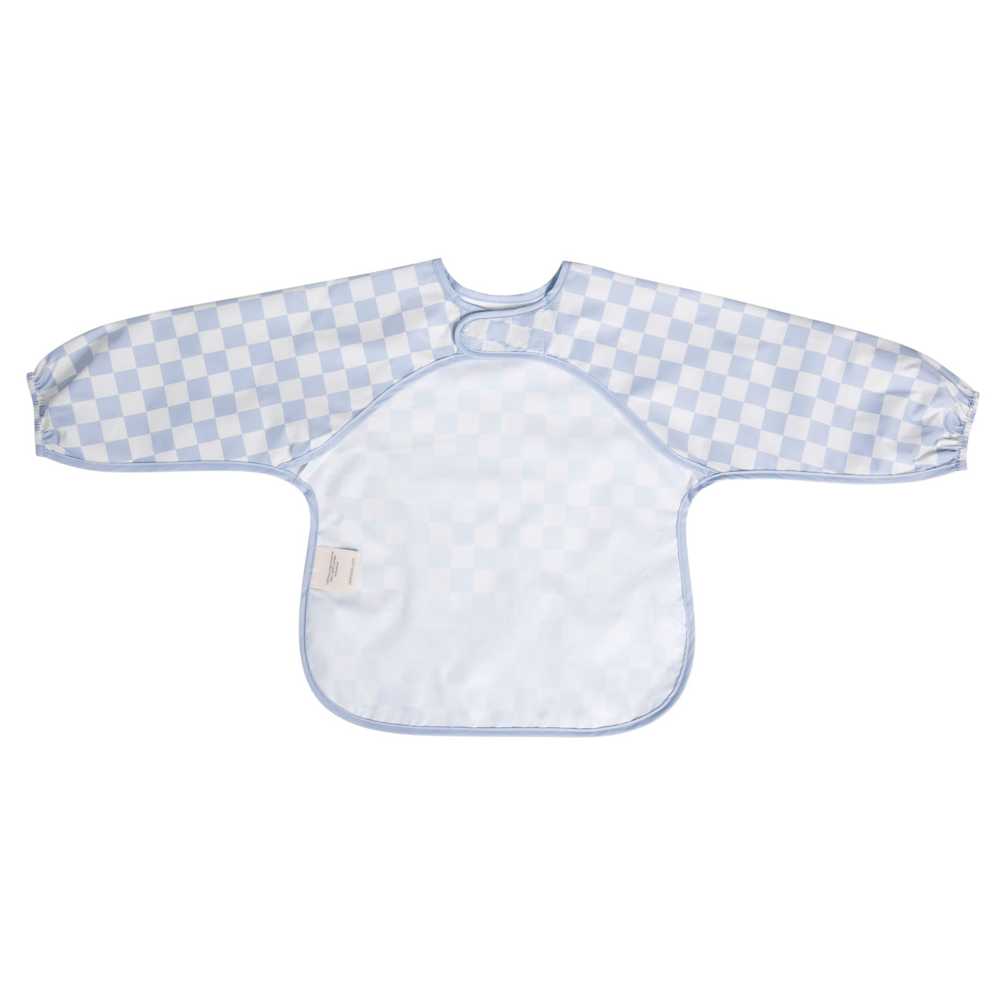 Ali+Oli blue checkers smock bib in a mealtime scene with baby.