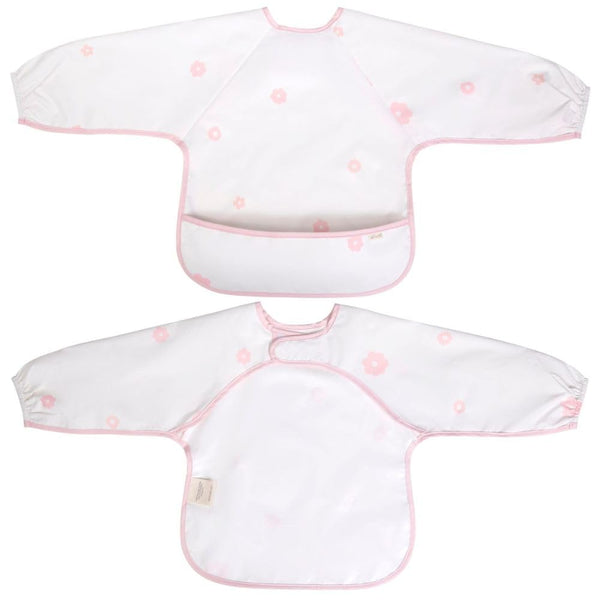 Ali+Oli Smock Bib pink flowers long-sleeve on baby for mess-free feeding.