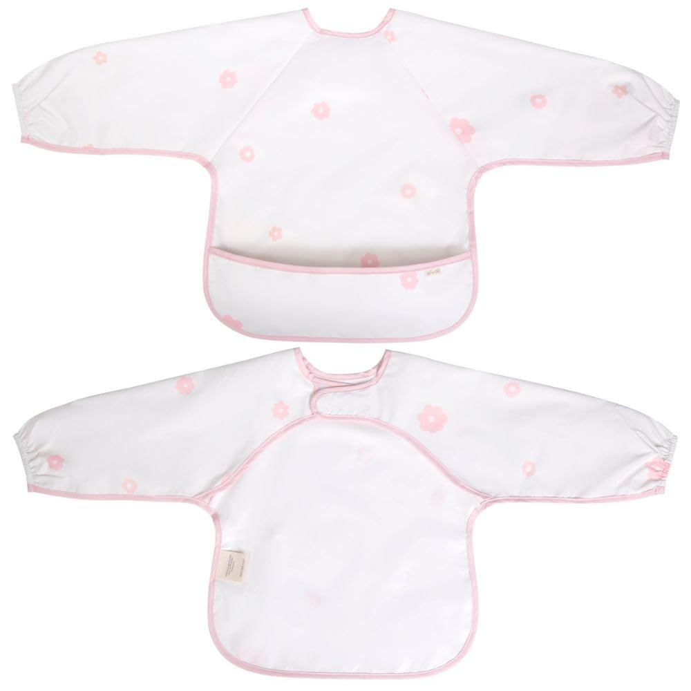 Ali+Oli Smock Bib pink flowers long-sleeve on baby for mess-free feeding.