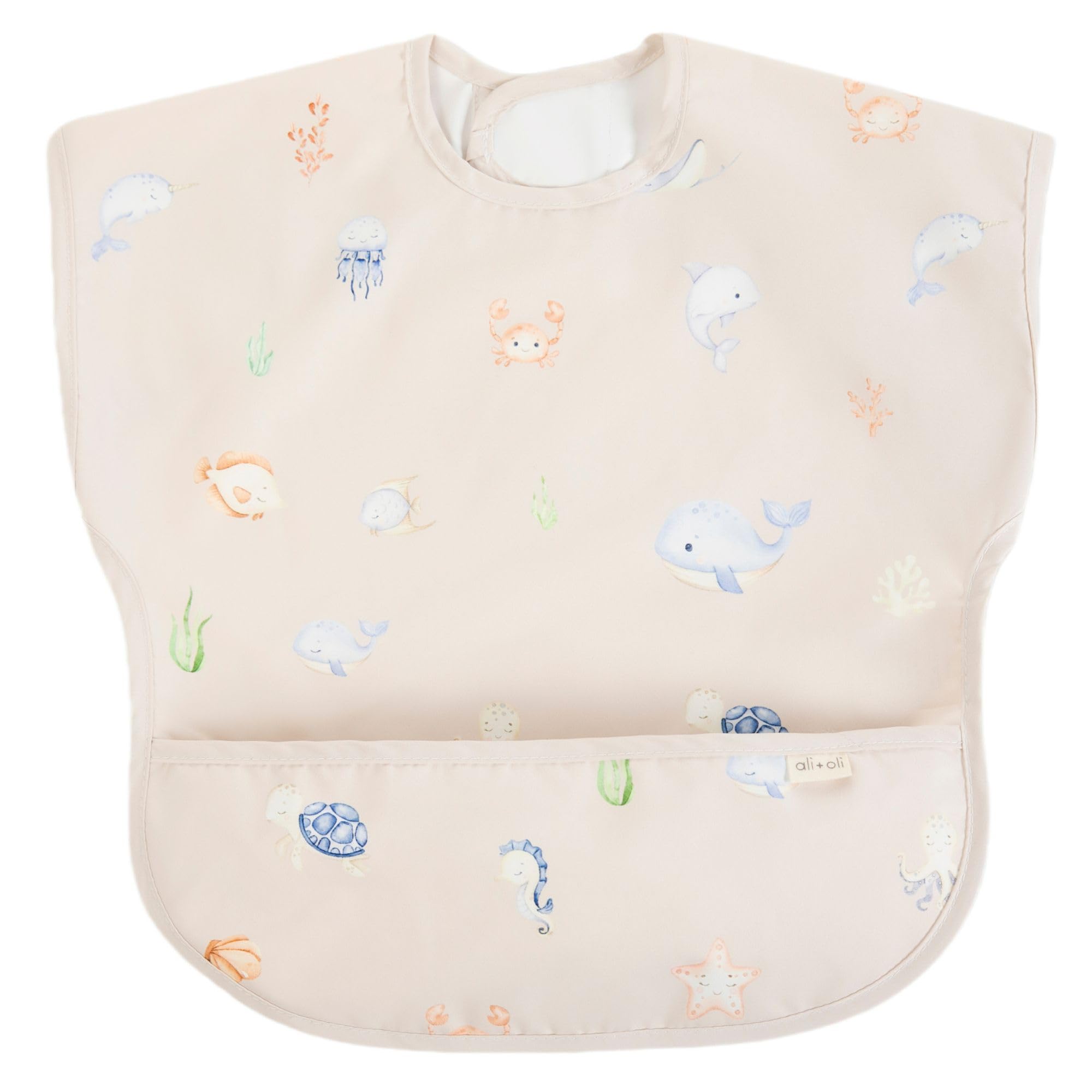 Ali+Oli Undersea smock bib with short sleeves, waterproof for mess-free meals.