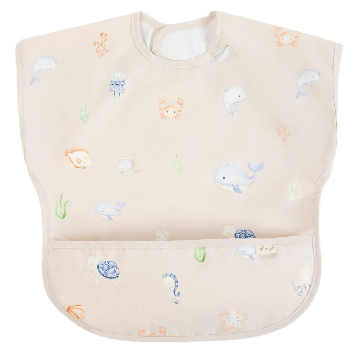 Ali+Oli Undersea smock bib with short sleeves, waterproof for mess-free meals.