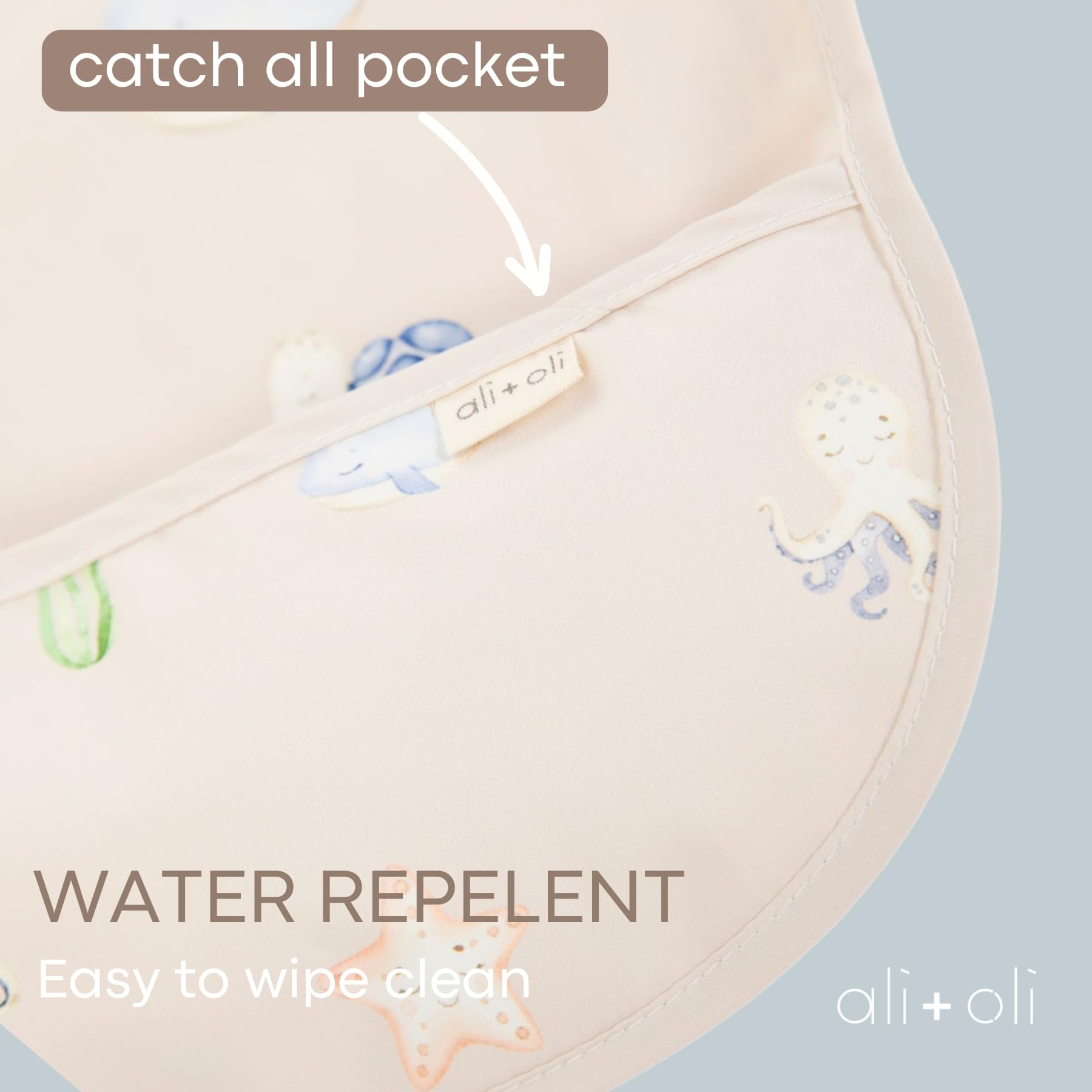 BPA-free and vinyl-free Ali+Oli bib for safe feeding.