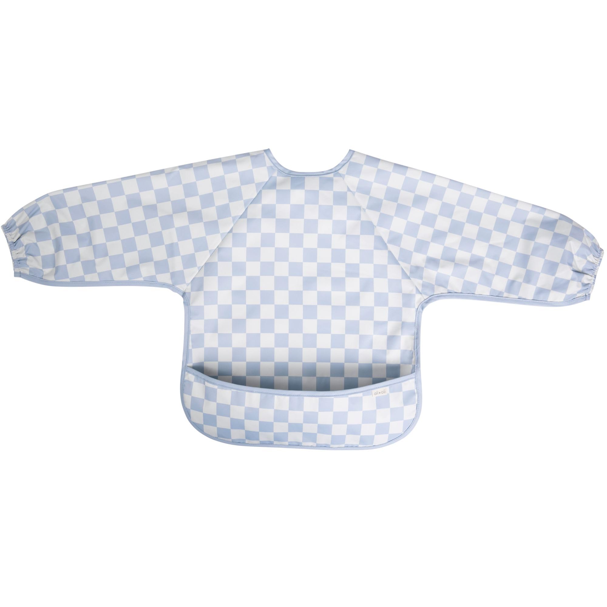 Ali+Oli blue checkers waterproof smock bib close-up of PU coating.