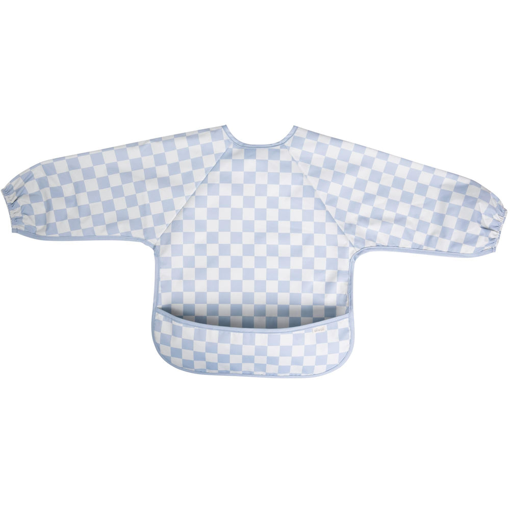 Ali+Oli blue checkers waterproof smock bib close-up of PU coating.