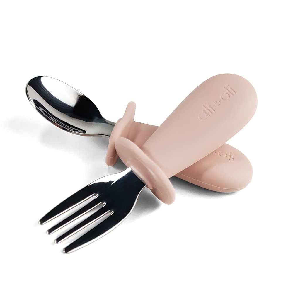 Ali+Oli spoon and fork learning set for toddlers with powder pink handles promotes confident self-feeding