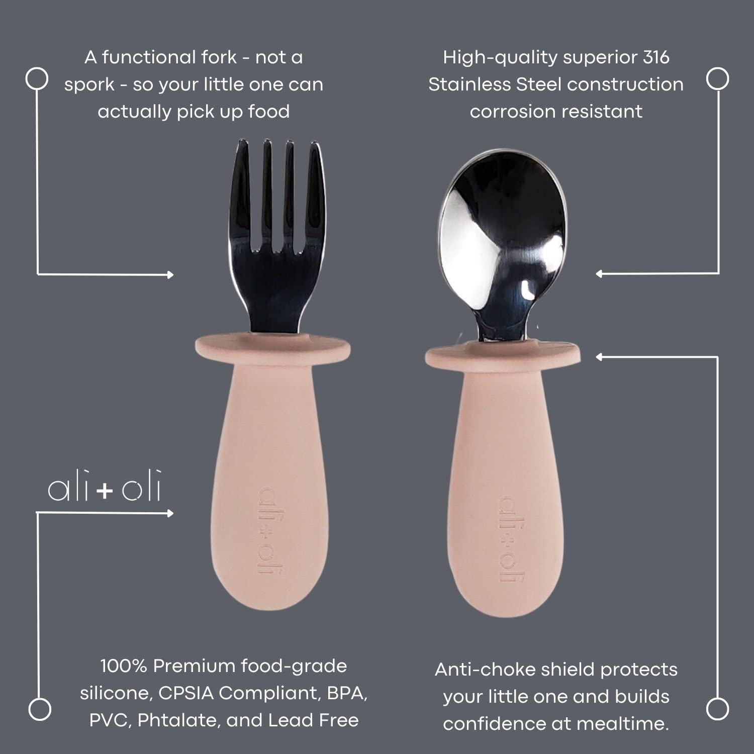Powder pink silicone handles provide comfortable grip for little hands during meals