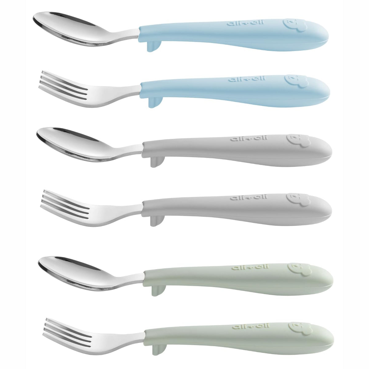 Ali+Oli toddler utensils set with stainless steel heads designed for durable self-feeding