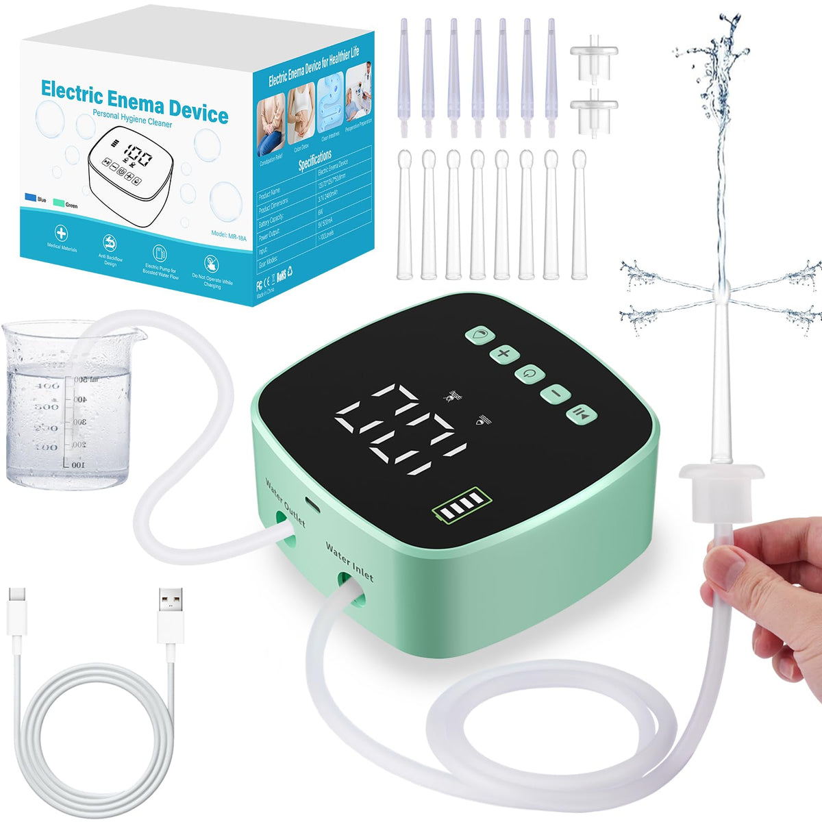 Alitake Enema Kit LCD Display shows flow and battery status for safe use