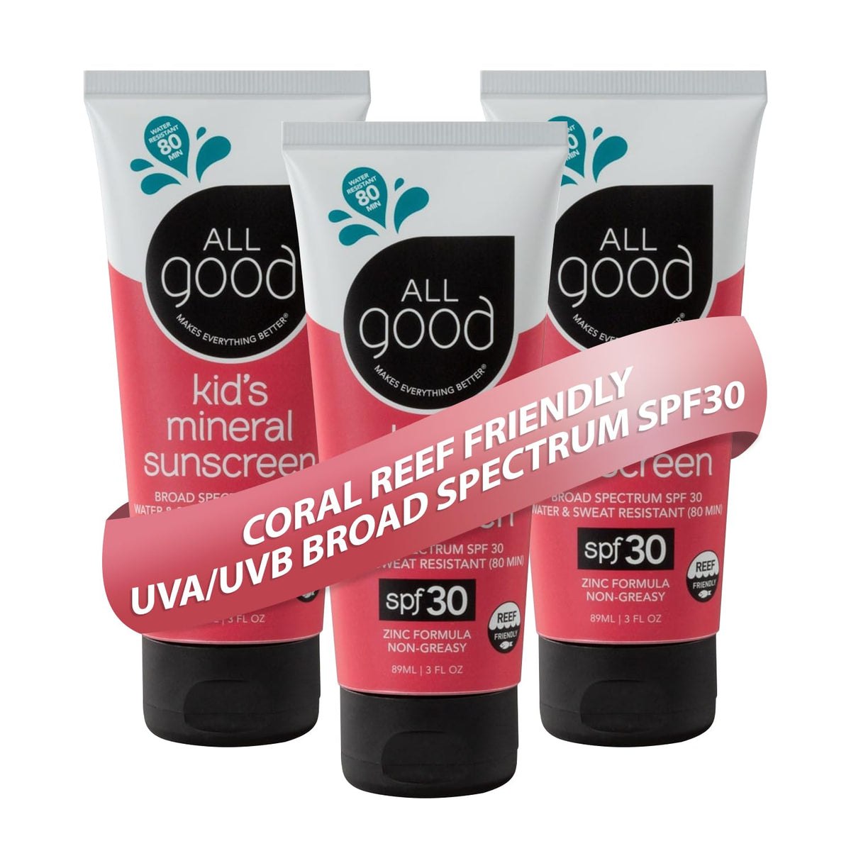 All Good Baby & Kids Sunscreen Lotion bottle shows reef-friendly SPF 30 protection for outdoor play