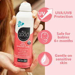 All Good Baby & Kids Sunscreen Spray face-application in palm demonstrates face-friendly use