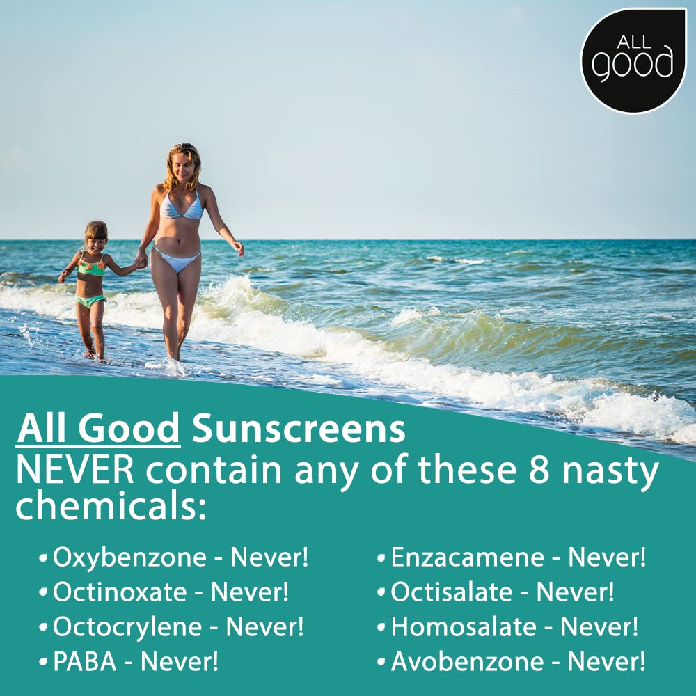 All Good sunscreen spray in kids swimming scene highlights water resistance