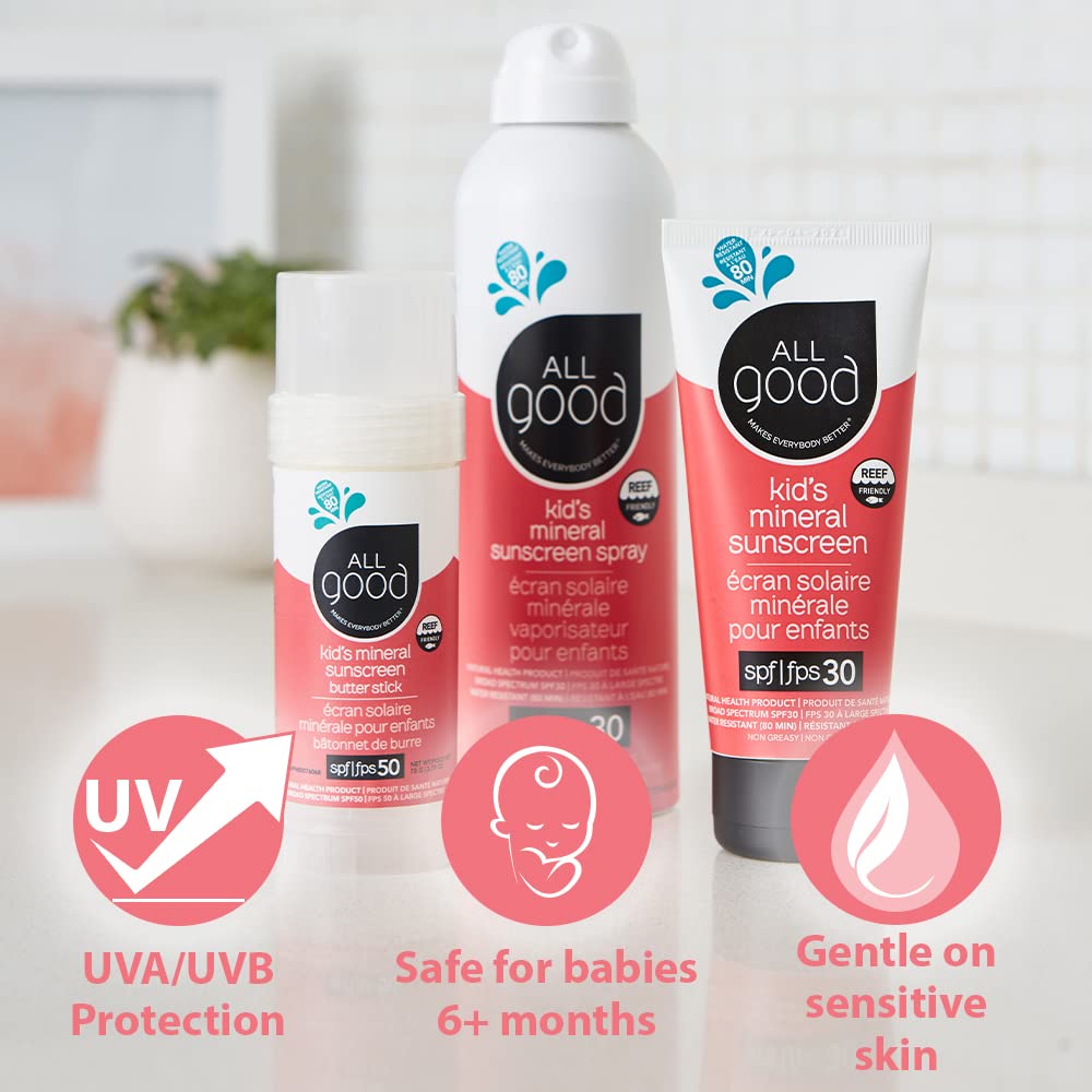 All Good Baby Sunscreen Lotion creamy texture shown on arm for gentle feel.