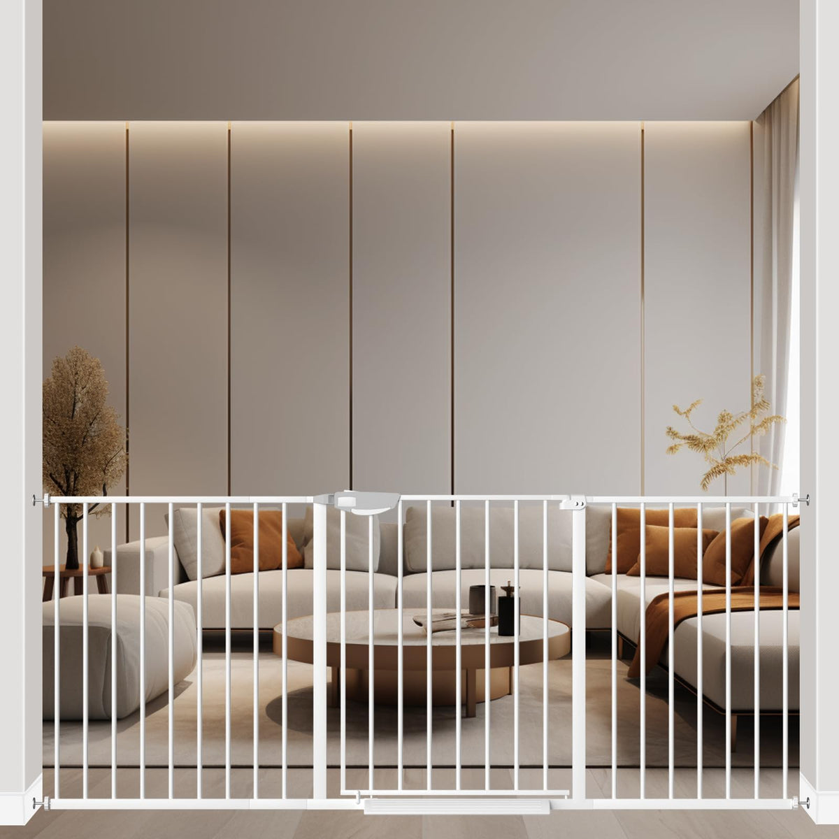 ALLAIBB triple-lock baby gate, closed view, keeps stairs safe for little ones.