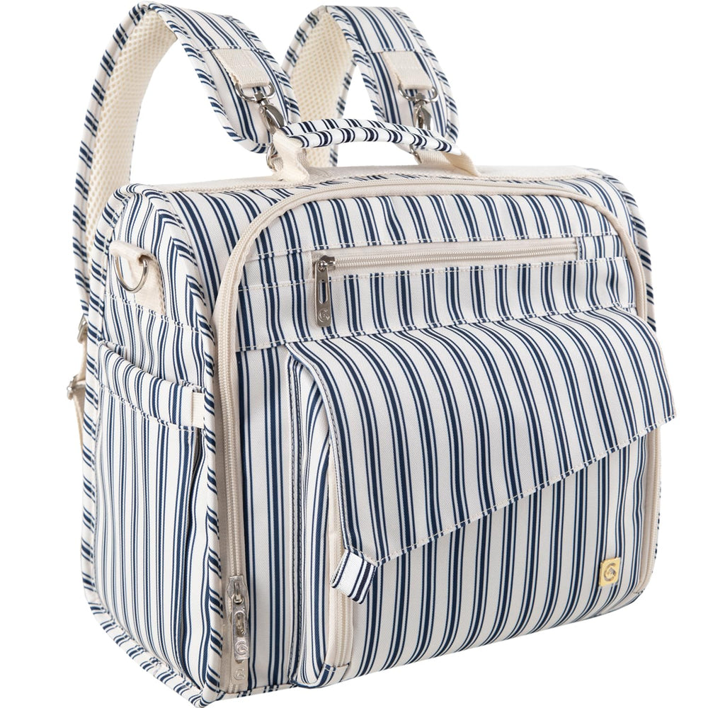 ALLCAMP diaper backpack blue stripe front view showing accessible pockets