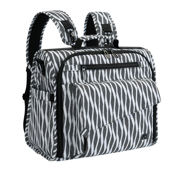 ALLCAMP diaper bag backpack in zebra pattern with open compartments for quick access.
