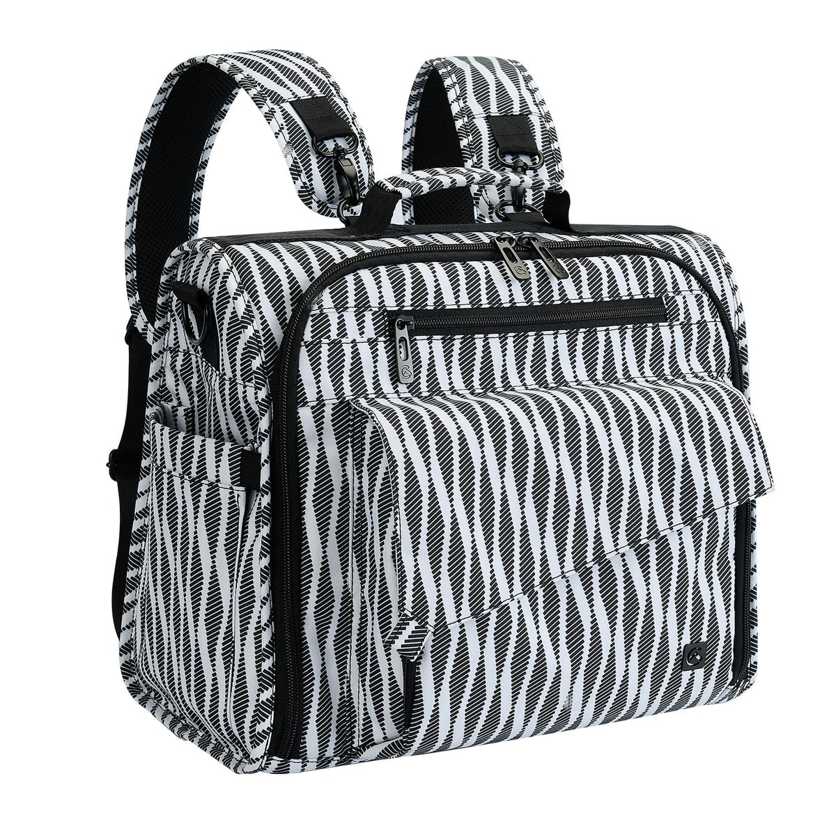 ALLCAMP diaper bag backpack in zebra pattern with open compartments for quick access.