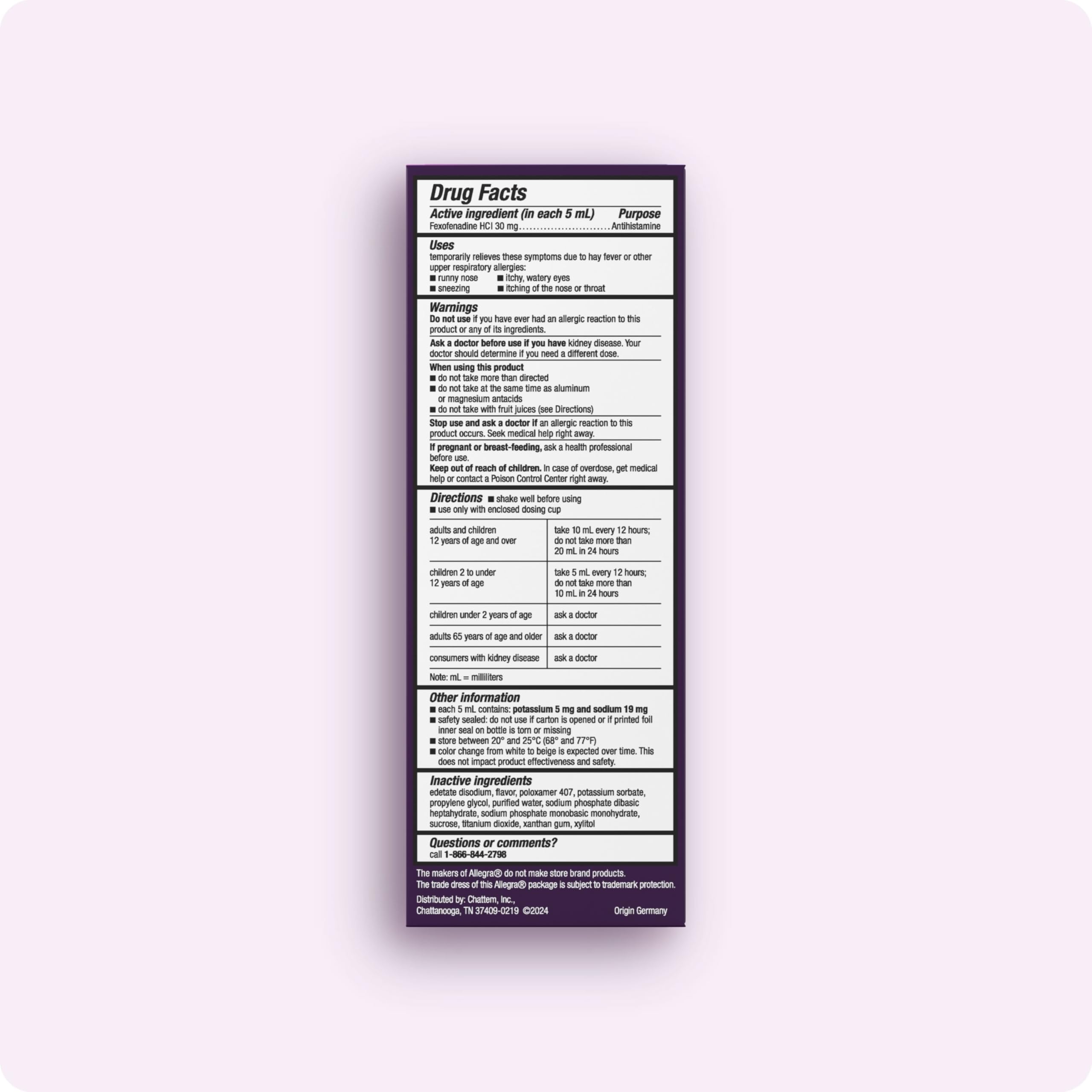 Allegra Children 12-hour relief bottle highlighting non-drowsy formula.