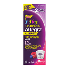 Allegra Children berry-flavor bottle for 12-hour non-drowsy relief.