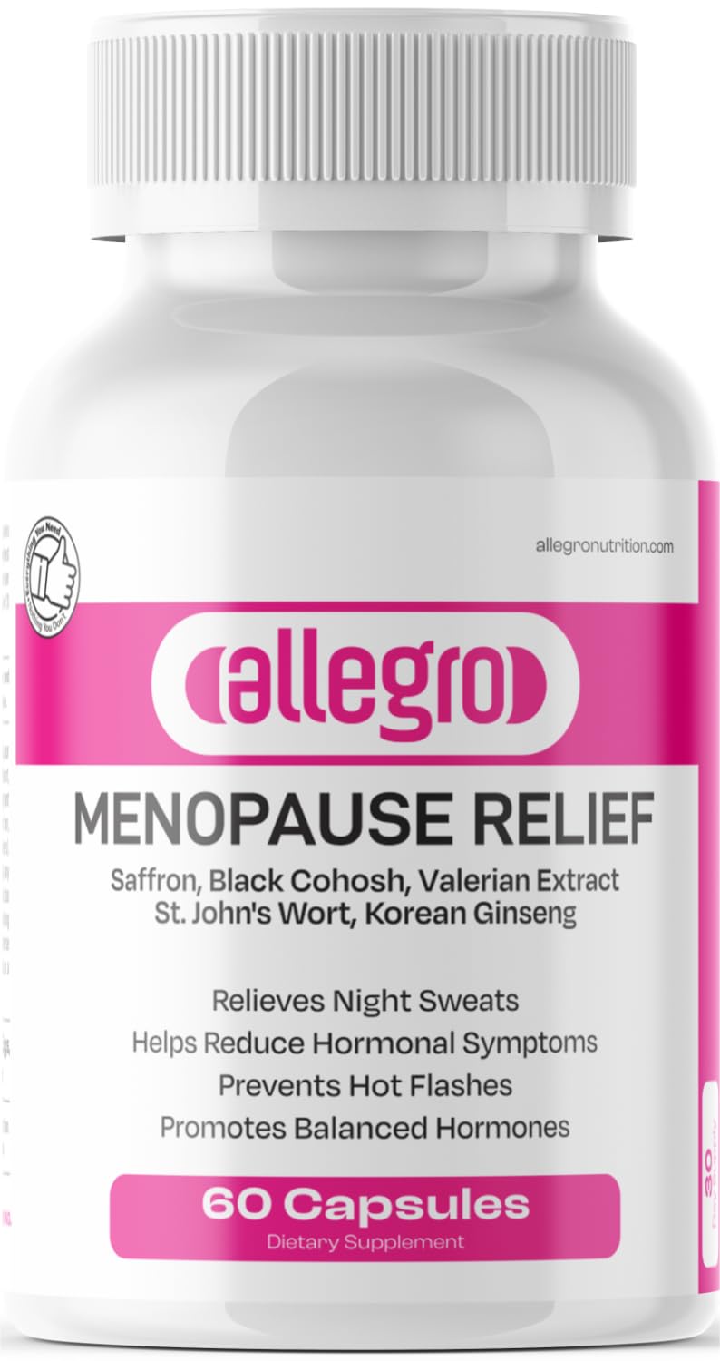 Allegro Menopause Relief bottle front illustrating natural symptom support.