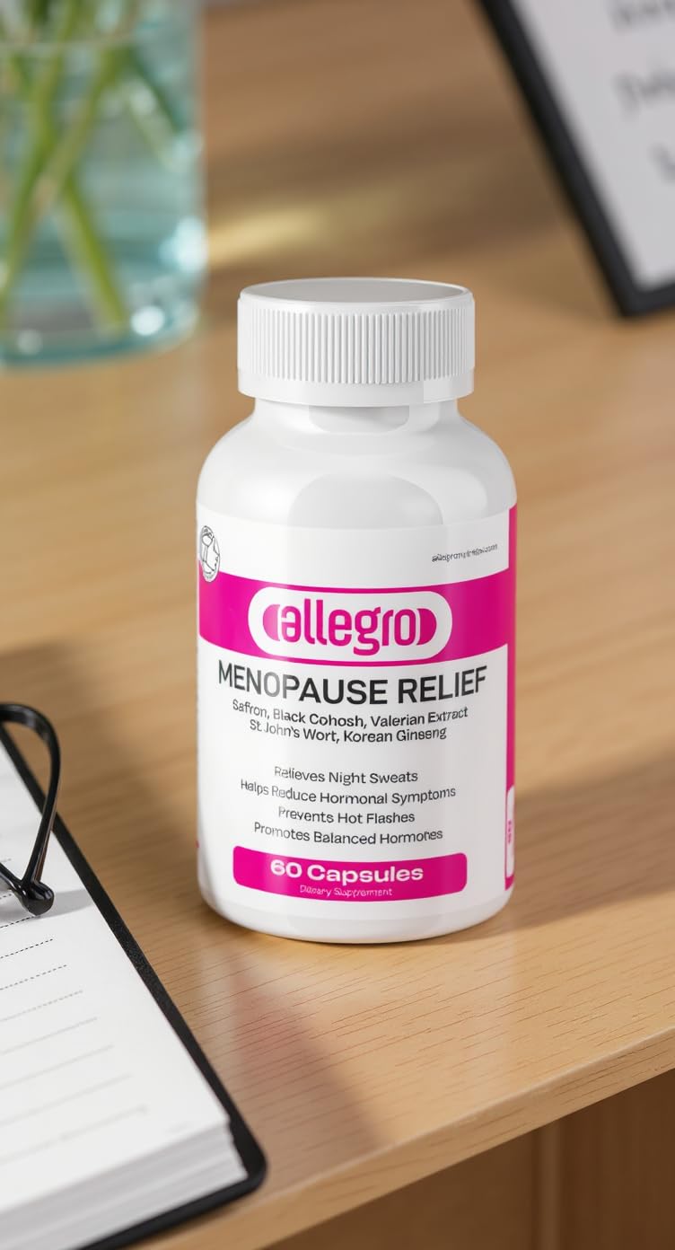 Allegro Menopause Relief boxed bottle on display highlighting GMP USA quality.